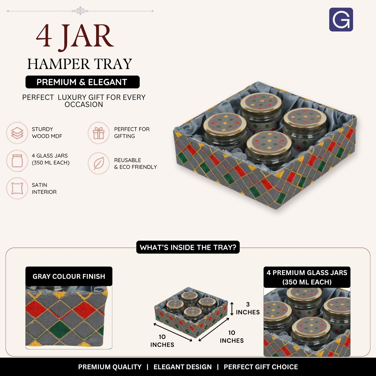 Dry fruits and sweets in grey hamper tray jars