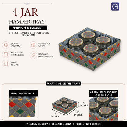 Dry fruits and sweets in grey hamper tray jars