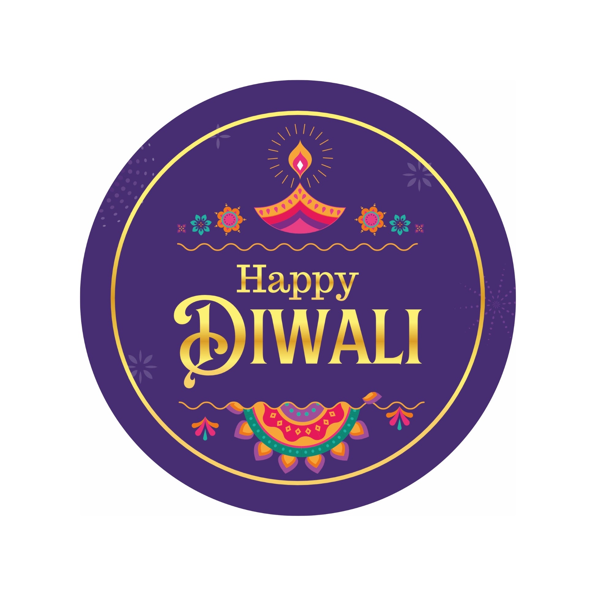 Happy Diwali Sticker – Golden Diya & Festive Motifs (Purple) | Grownex Packaging | Tags & Stickers