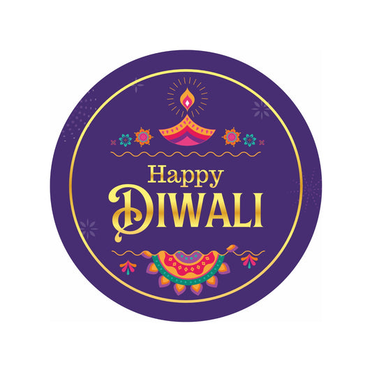 Happy Diwali Sticker – Golden Diya & Festive Motifs (Purple) | Grownex Packaging | Tags & Stickers