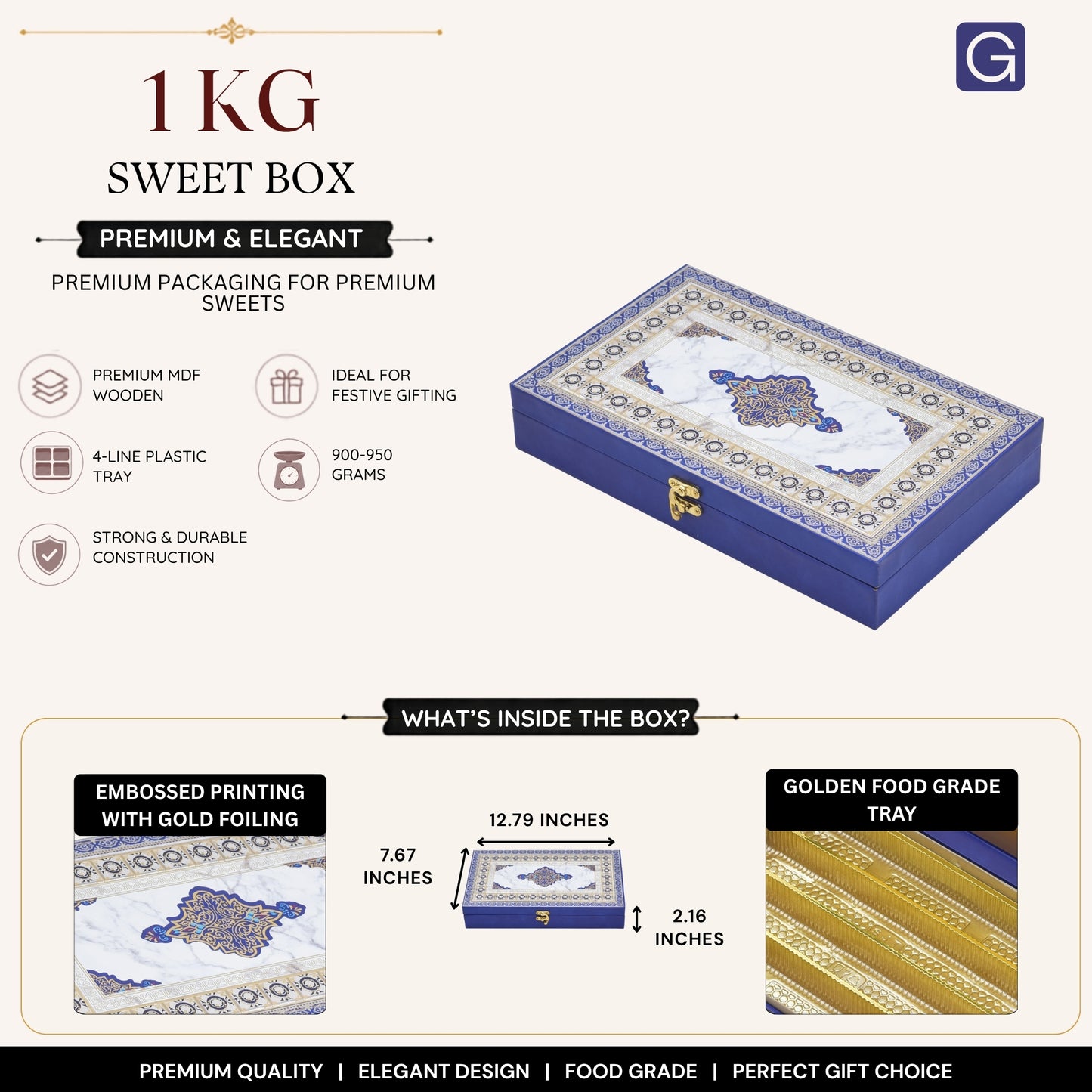 Royal Blue Foil Print Wooden Sweet & Chocolate Gift Box | Diwali, Wedding & Festive Gifting