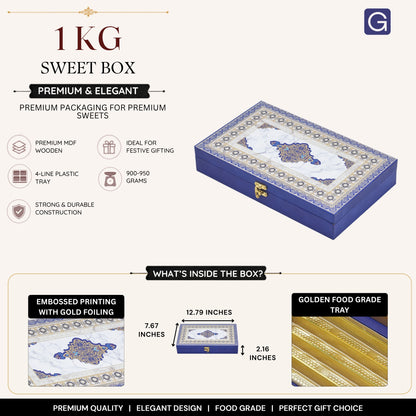 Royal Blue Foil Print Wooden Sweet & Chocolate Gift Box | Diwali, Wedding & Festive Gifting