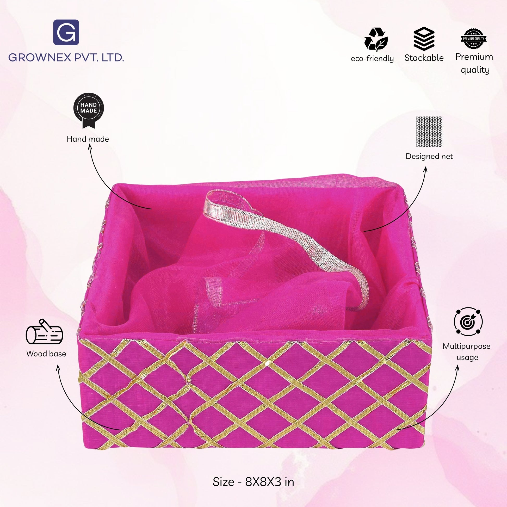 Decorated with Traditional Lace Rani Pink Wooden Basket | Grownex Packaging | Basket & Tray