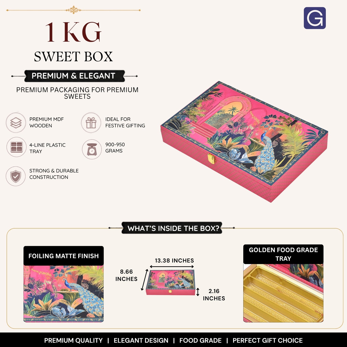 Royal Peacock Mughal Garden Mithai Gift Box with 4 Line Tray | Diwali, Wedding & Festive Gifting