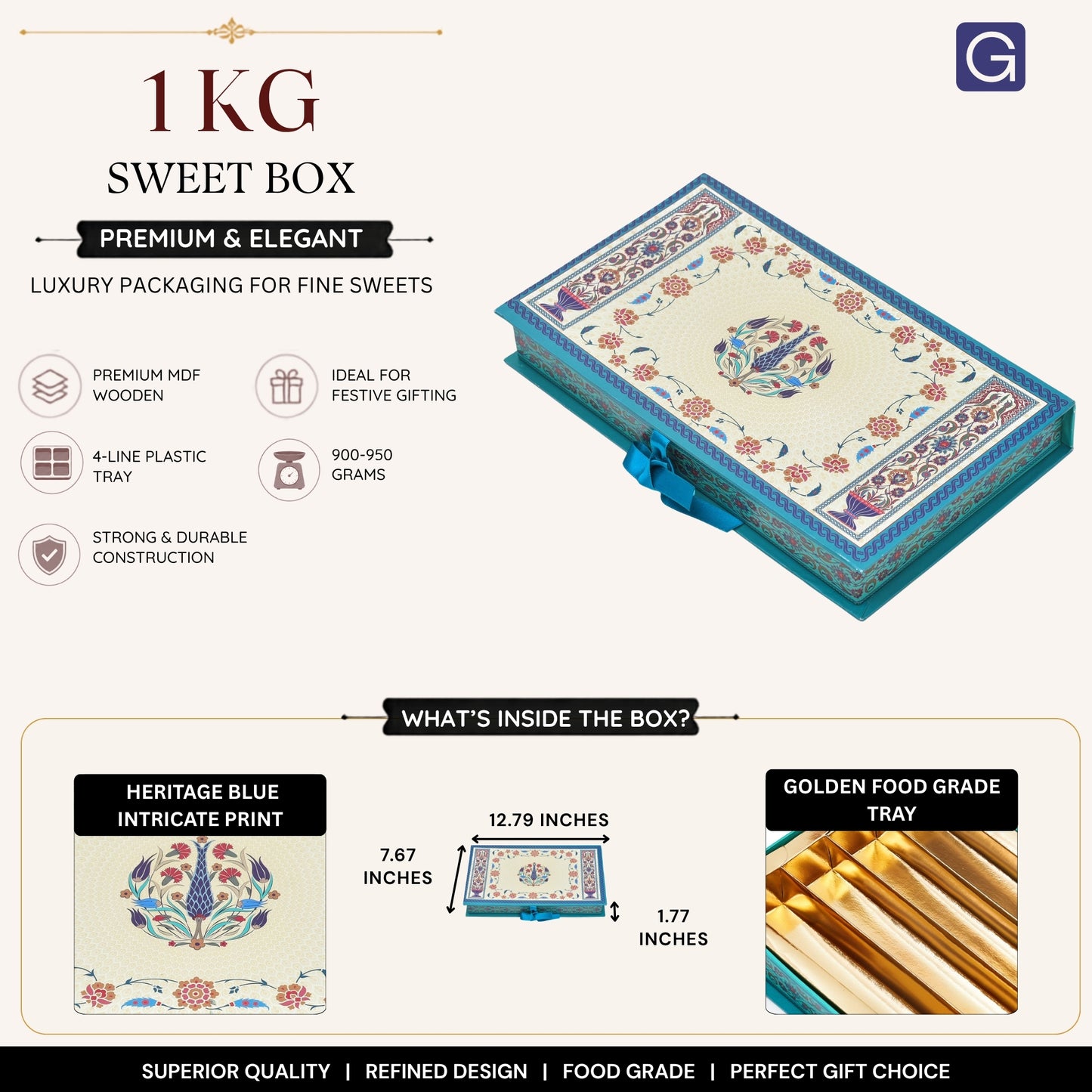 Heritage Blue 4 Line File Sweet Box | 1kg Premium Mithai Gift Packaging Box