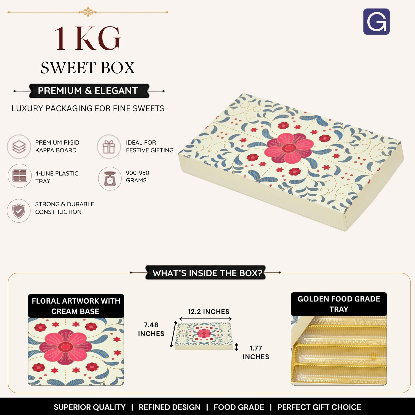 Royal Floral Mithai Gift Box | Premium Cream & Multicolor Sweet Box with Golden Tray
