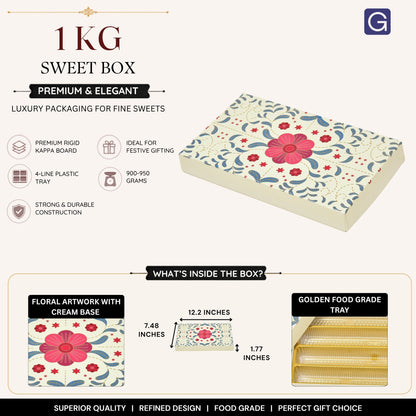 Royal Floral Mithai Gift Box | Premium Cream & Multicolor Sweet Box with Golden Tray