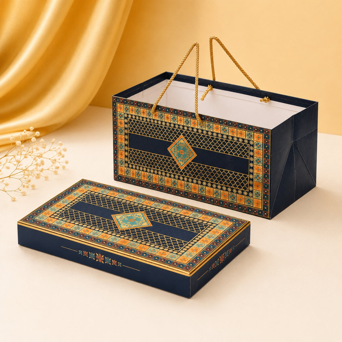 Blue Foil Mosaic Print Paper Bag with Matching Sweet Box Combo – Festive Gift Packaging Set