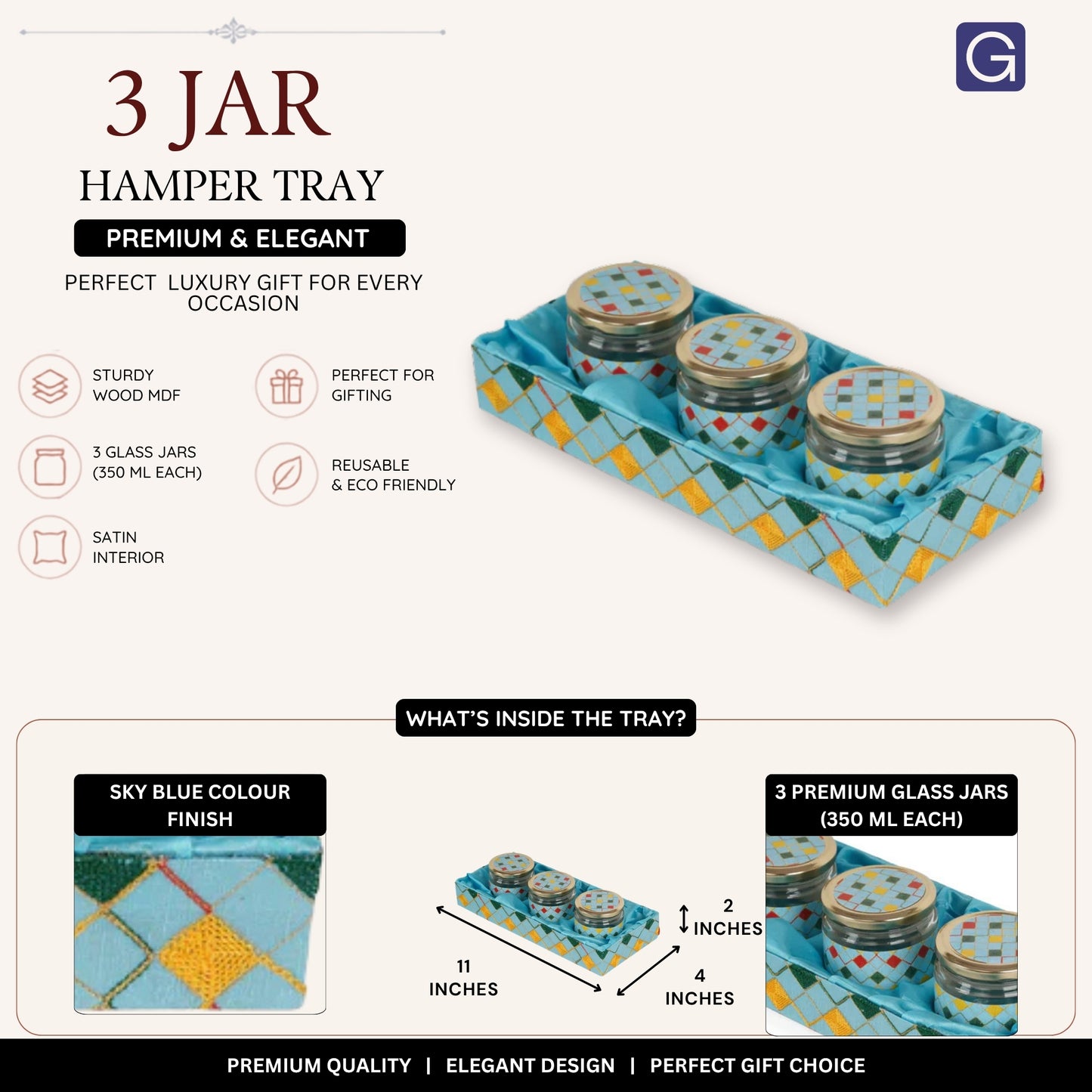 Sky Blue 3 Jar Open Tray (11x4x2 inches)