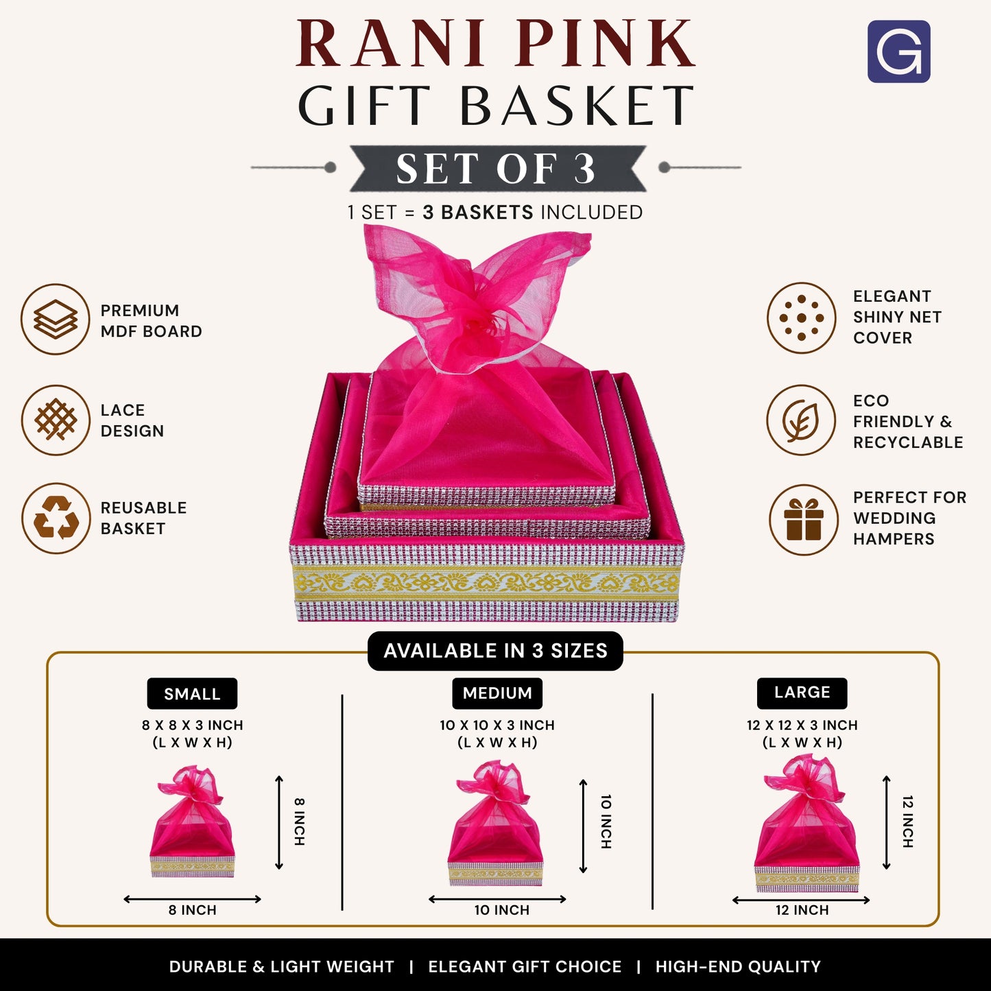 Decorative Rani Pink Hamper Basket Set of 3 | Premium Festive Gift Packaging