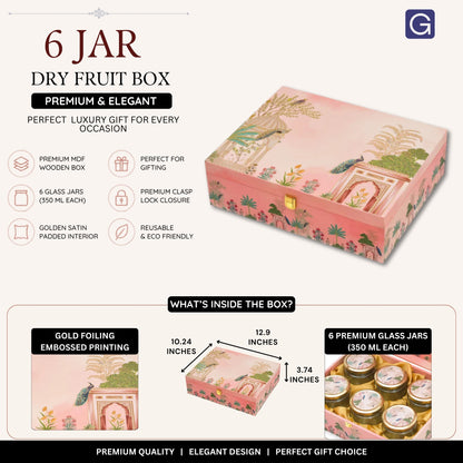 Pink Peacock Print Wooden Dry Fruit Gift Box with 6 Jars | Premium Festive Hamper Box