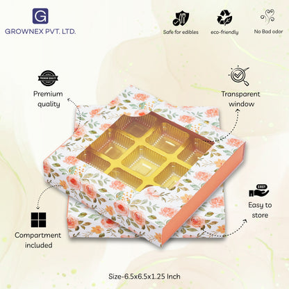 9 Cavity Folding Chocolates Packing Box - Floral White | Grownex Packaging | Chocolate Box