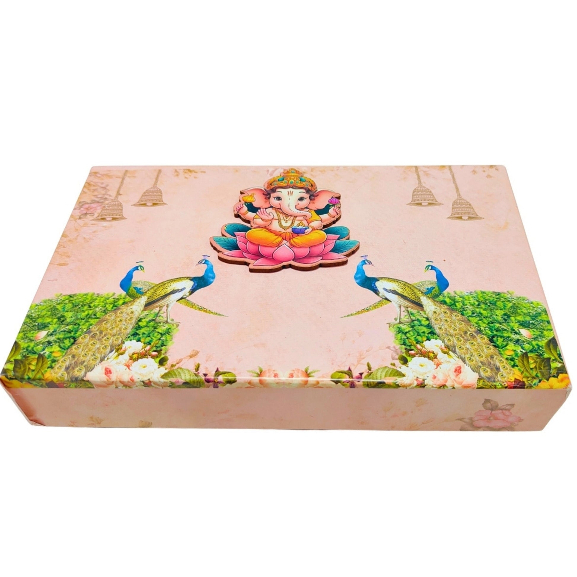 Pink Ganpati 4 Line Gift Box with Peacock Design – Festive Elegance | Grownex Packaging | Sweet Box