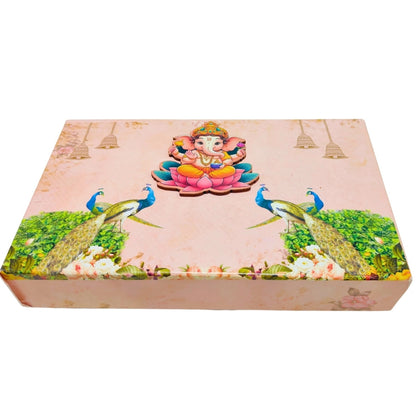 Pink Ganpati 4 Line Gift Box with Peacock Design – Festive Elegance | Grownex Packaging | Sweet Box