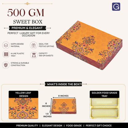 Yellow Leaf 4 Line Sweet Box | 500gm Premium Mithai Festival Gift Packaging Box