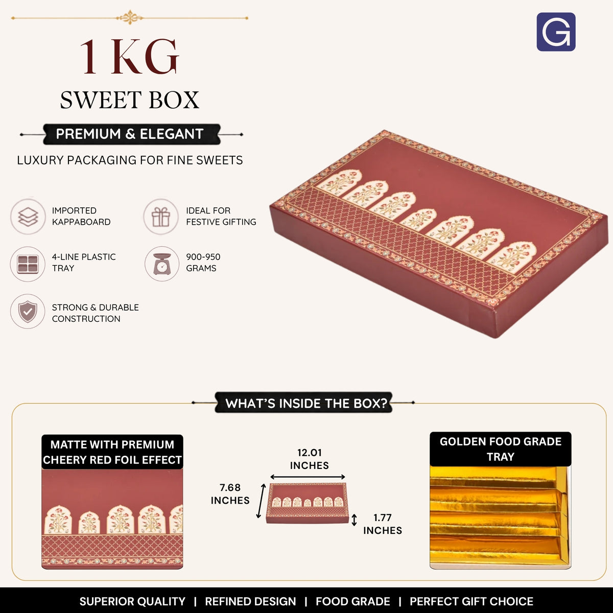 Cherry Red Foil Print 4 Line Sweet Box | 1kg Premium Matte Finish Mithai Gift Box