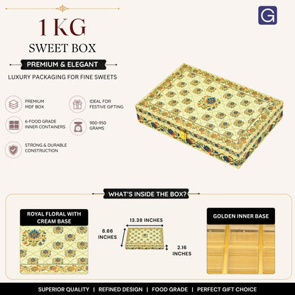 Royal Floral Mithai Gift Box with Lock & 6 Golden Containers | Premium MDF Box