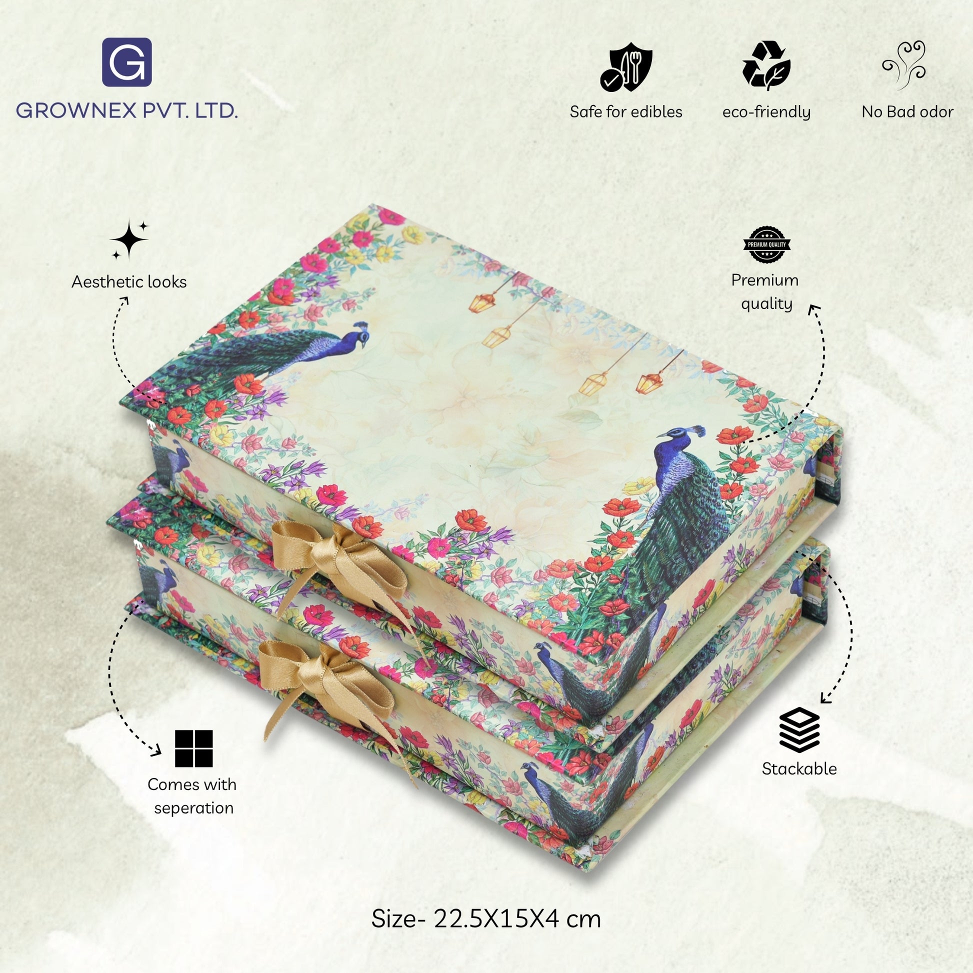 500 gm Beige Peacock 4 Line Premium File Sweet Box | Grownex Packaging | Sweet Box