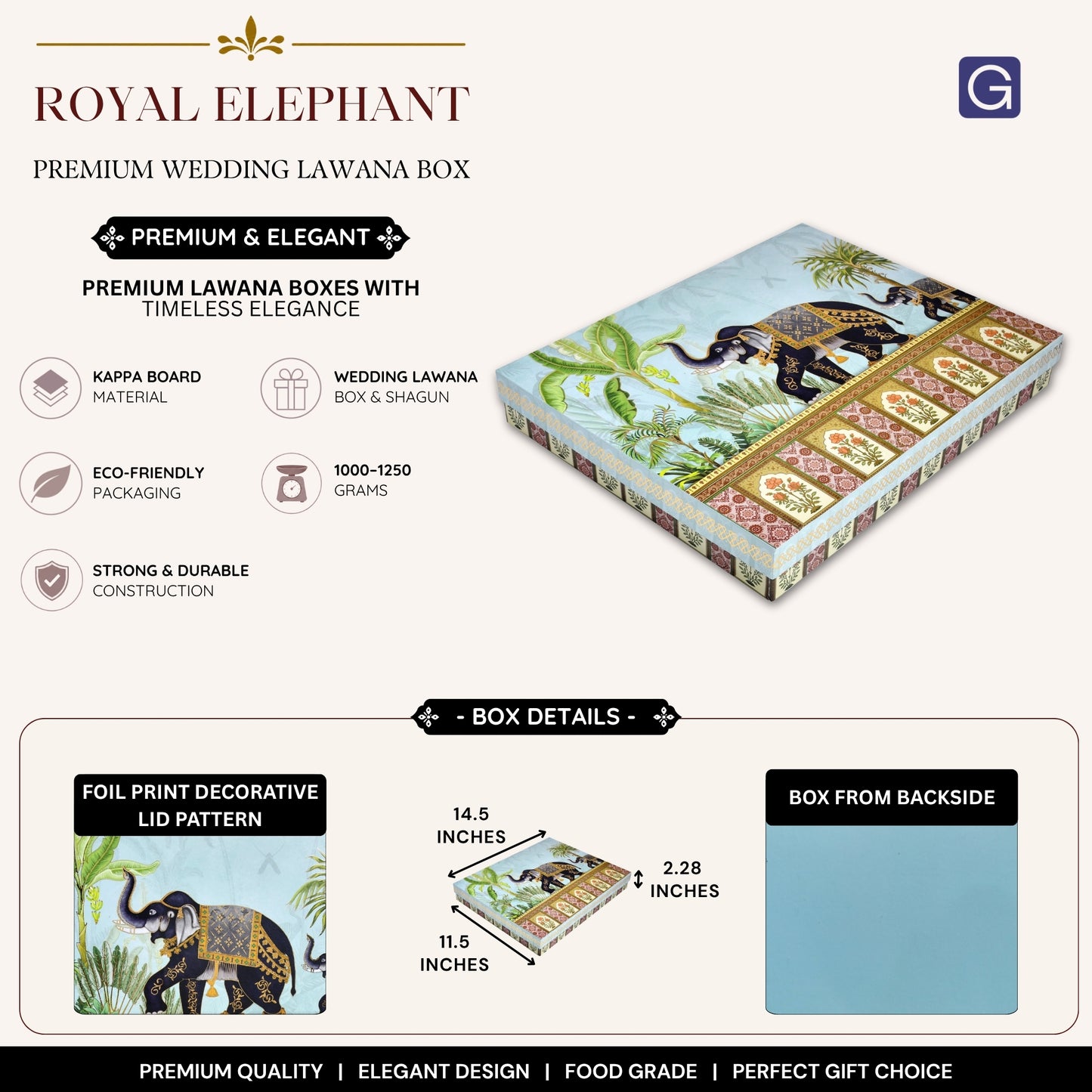 Blue Royal Elephant Foil Print Lawana Box  | Premium Shagun & Wedding Gift Box