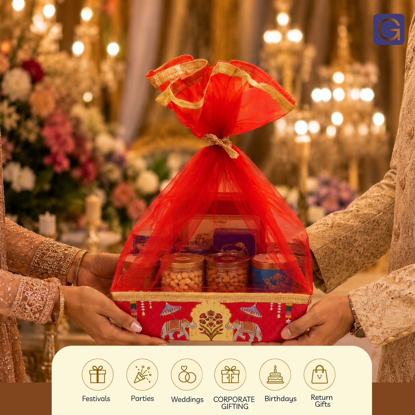 Red Elephant Print Gift Hamper Basket | Wedding & Return Gift Basket