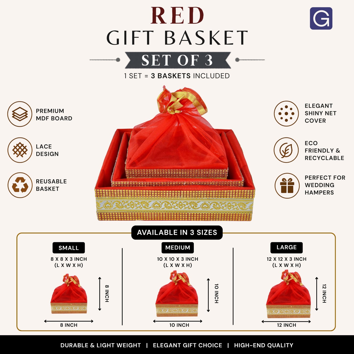 Red Hamper Basket Set of 3 | Reusable MDF Gift Basket for Wedding Hampers