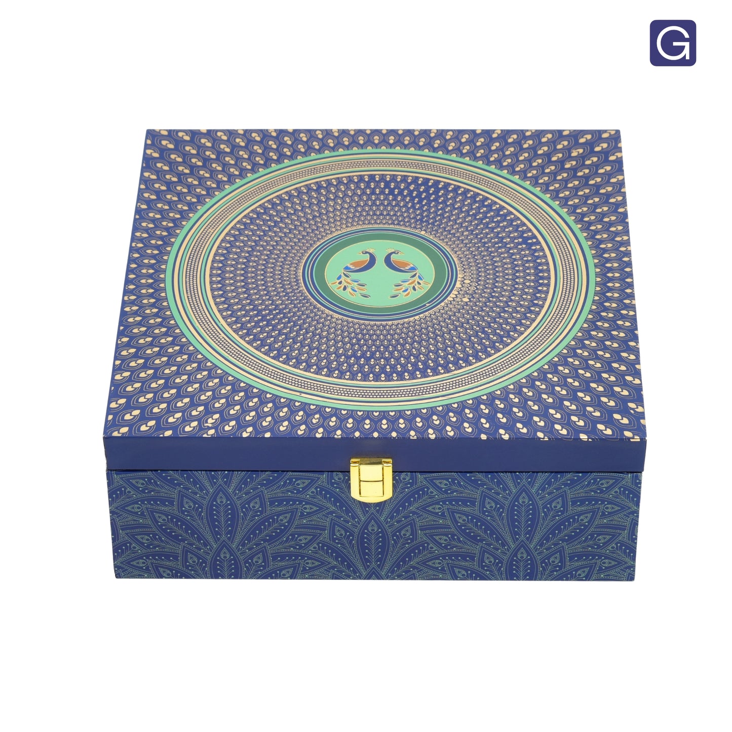 Blue Peacock Print Wooden Hamper Box with 4 Glass Jars | Premium Gift Packaging