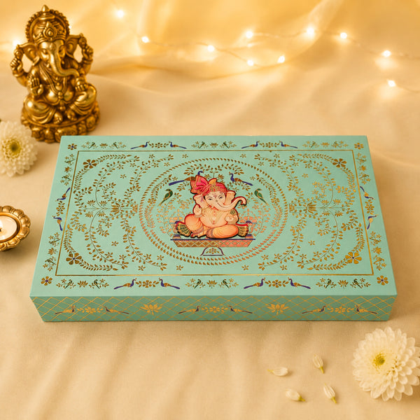 Luxury Ganesh Sea Green Foil Magnetic File Box | Premium Sweet Gift Box