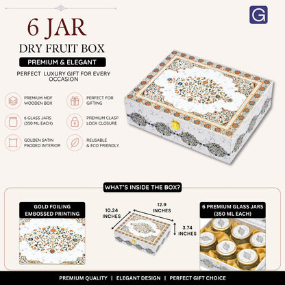 Dry fruits arranged in white marble gift jars