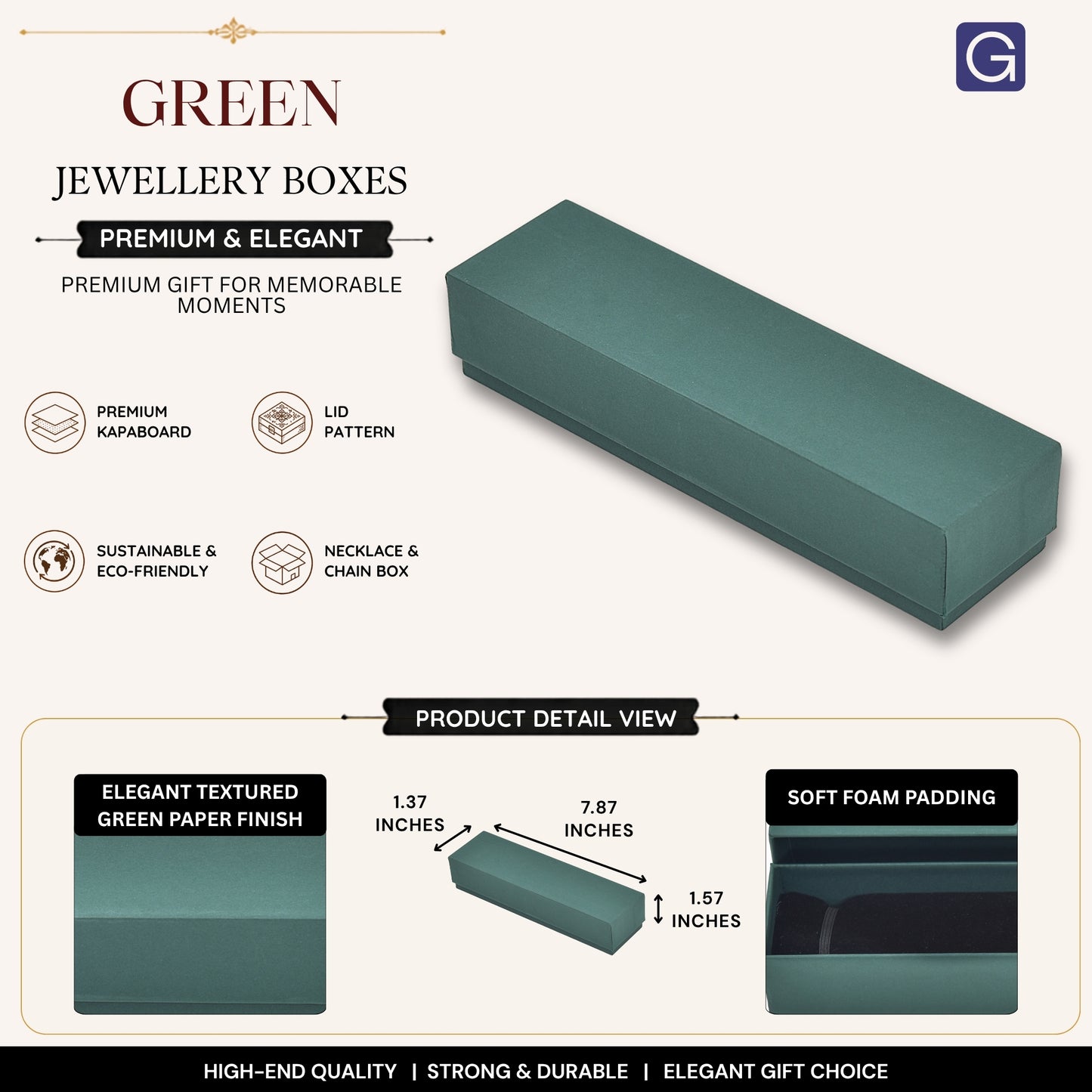 Green Necklace & Chain Gift Box | 20 x 3.5 x 4 cm