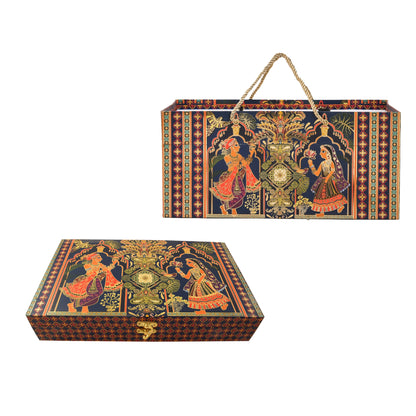 Radha Krishna Rajwadi Print Paper Bag with Matching Wooden Box Combo – Festive Gift Packaging Set