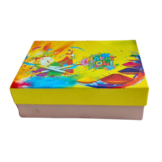Holi Print Hamper Box 23.6 × 17.8 × 7.62 cm – Yellow with Baby Pink | Food Safe Kappa Board Gift Box | Grownex Packaging | Hamper Box