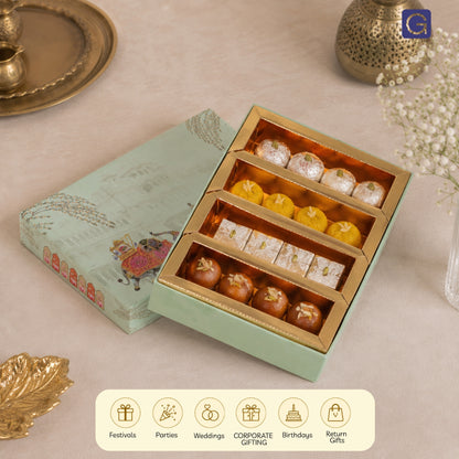 Green Elephant 4 Line Sweet Box | 500gm Premium Mithai Festival Gift Packaging