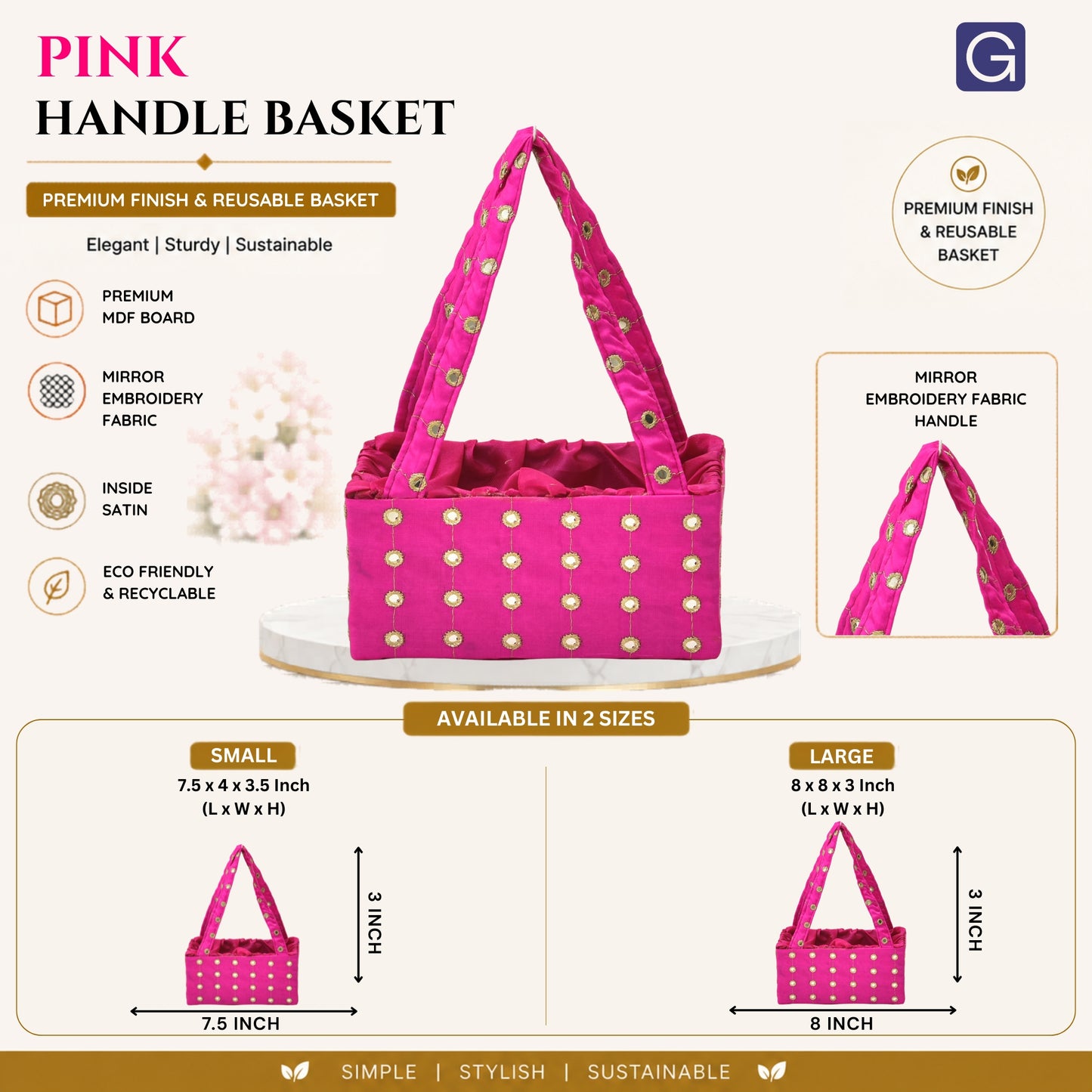 Pink Handmade Mirror Work Handle Basket | Decorative Gift Hamper Basket