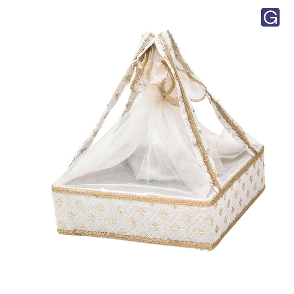 Elegant White Net Cover Hamper Basket with Handle - Front View | Grownex Packaging
