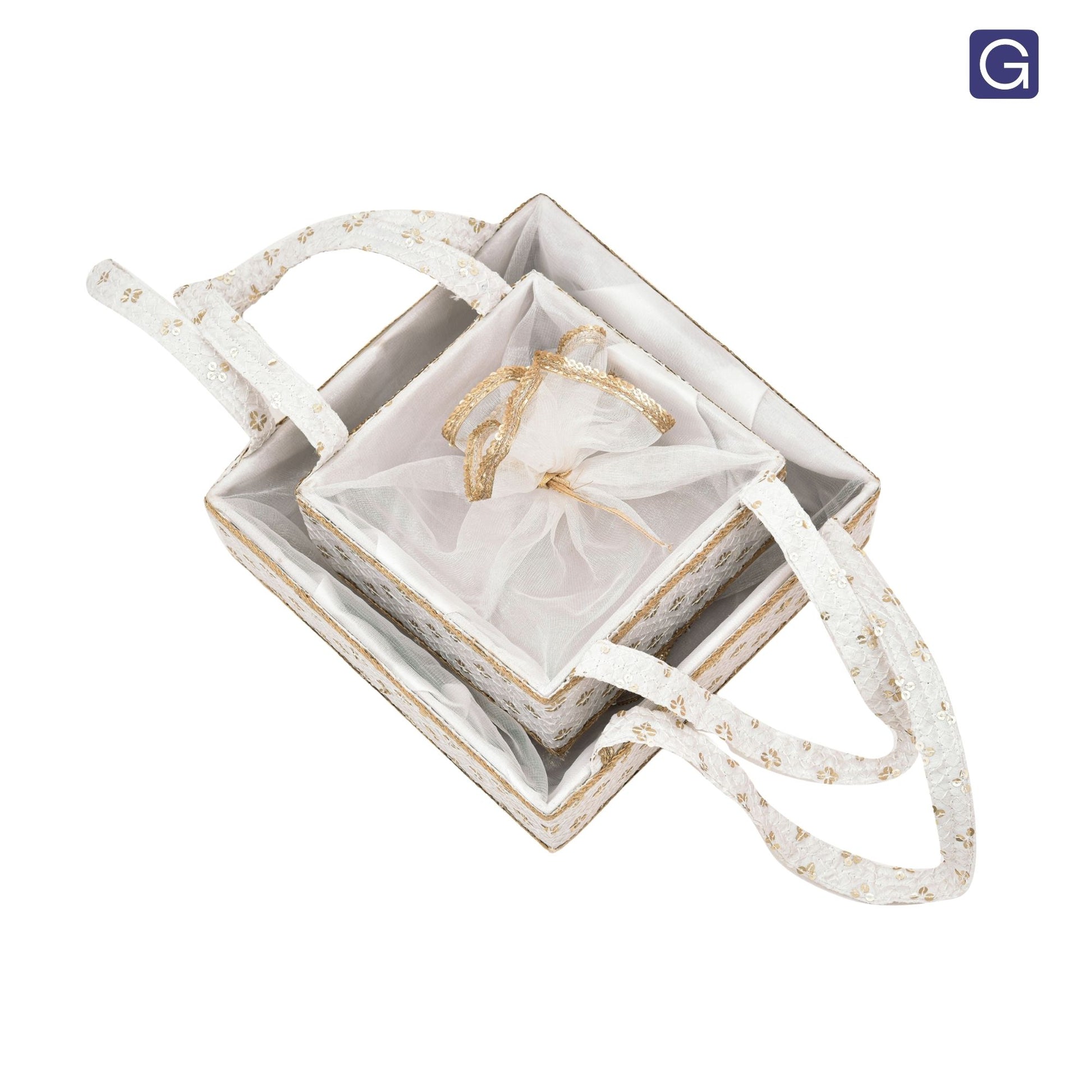 Elegant White Net Cover Hamper Basket with Handle - Styled with Festive Gift Items | Grownex Packaging