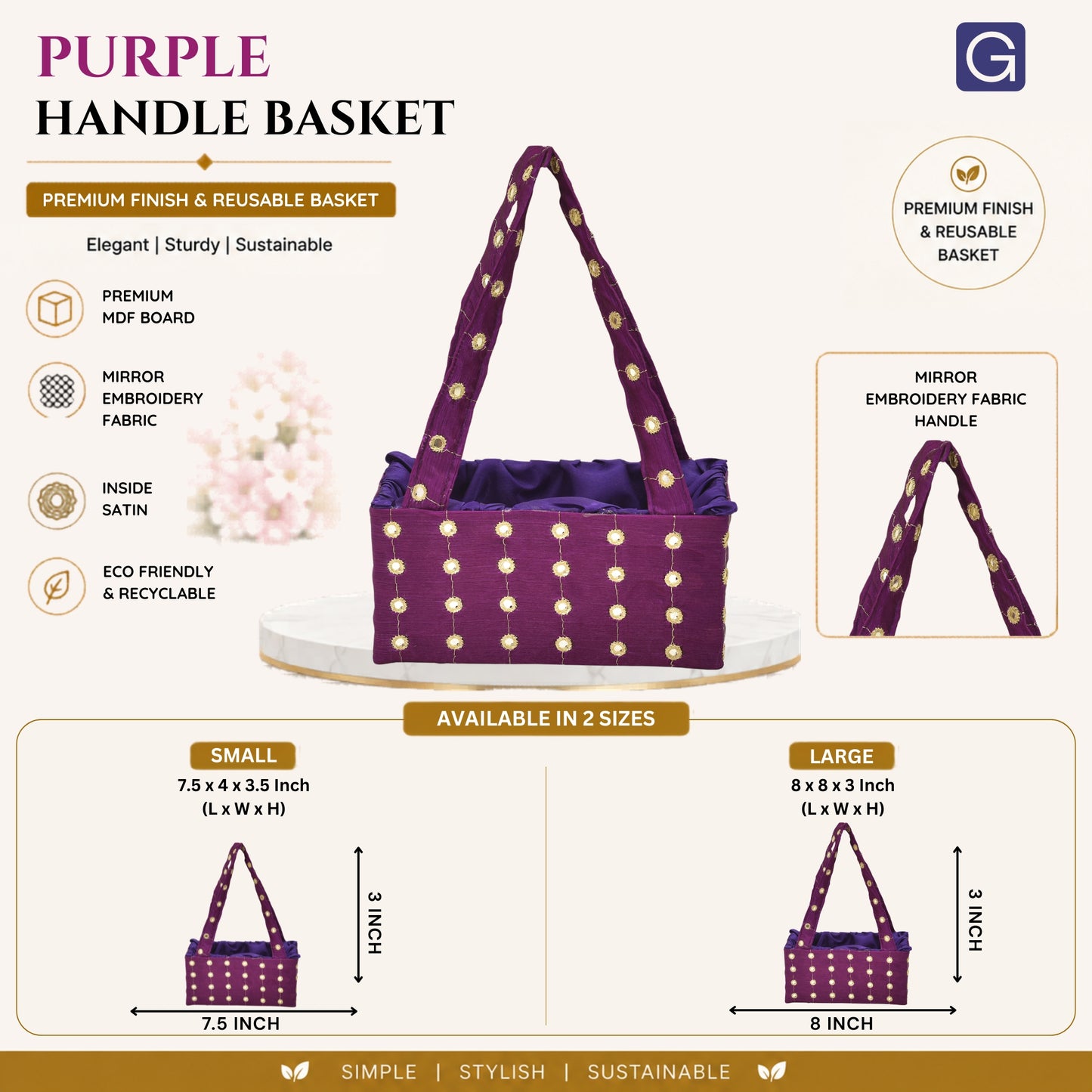 Purple  Handmade Handle Basket with Mirror Work | Festive Gift Basket
