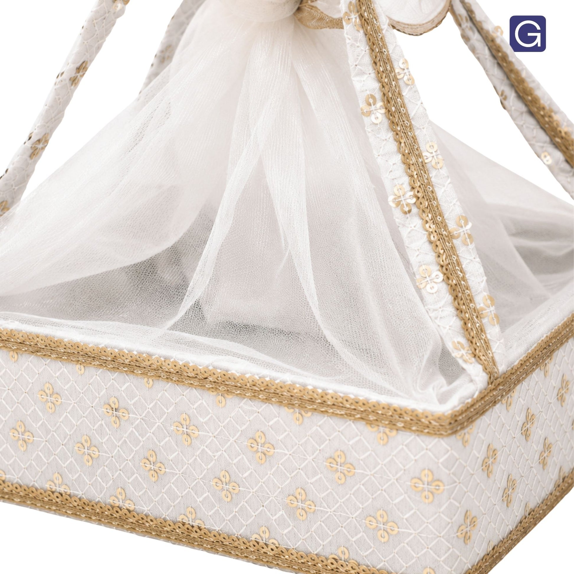Elegant White Net Cover Hamper Basket with Handle - Close-Up Design Detail | Grownex Packaging