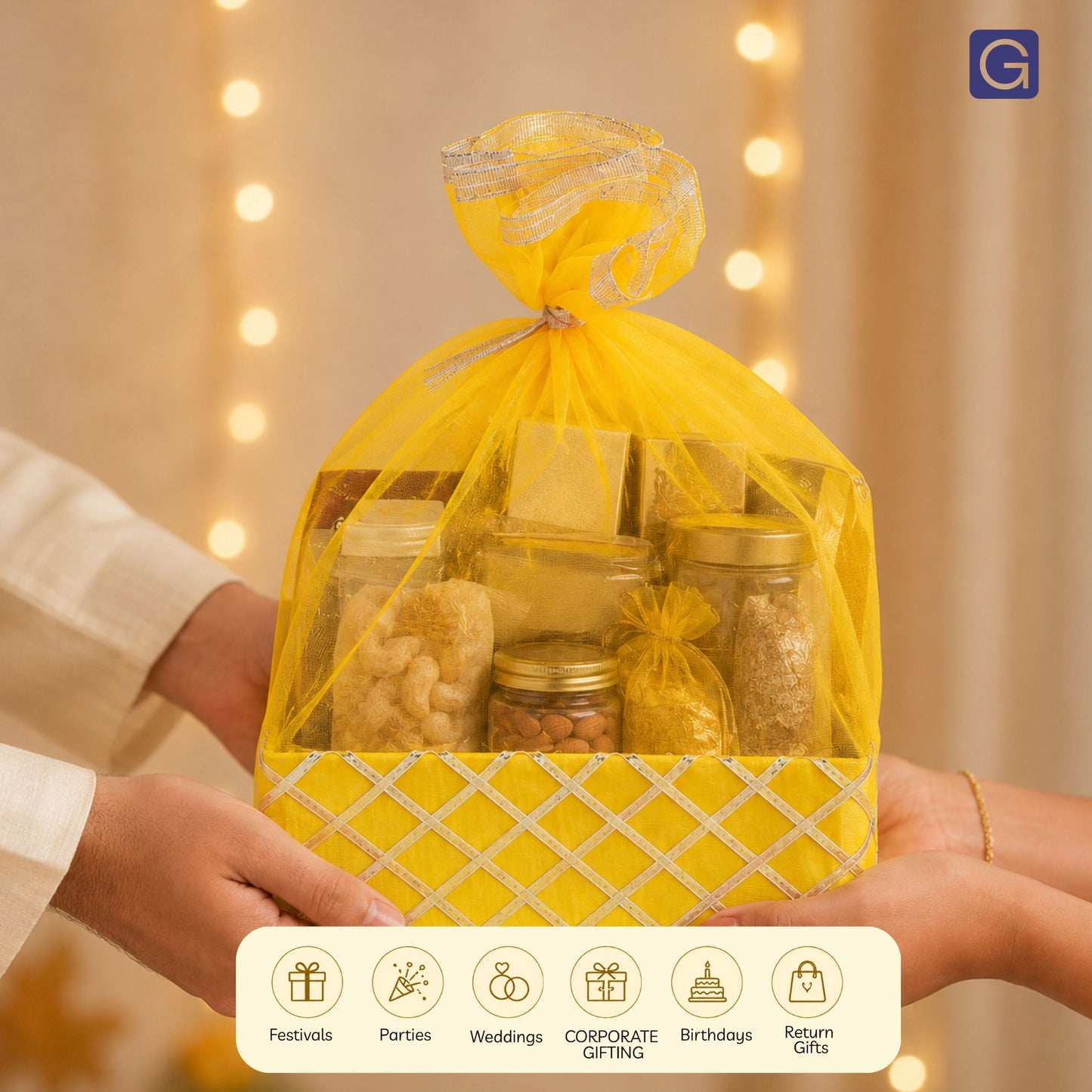 Square Lace Yellow Gift Basket  | Festive & Return Gift Packaging