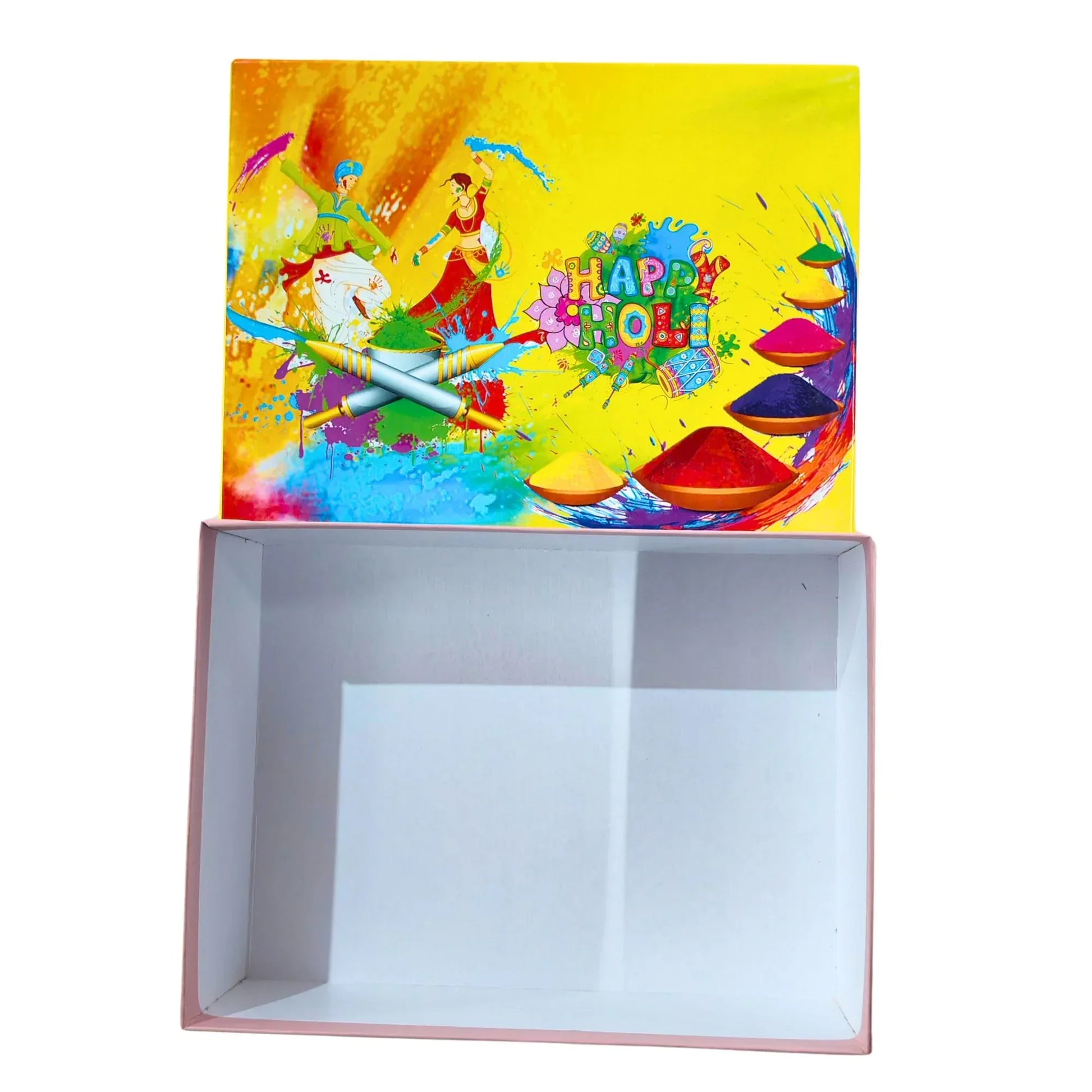 Holi Print Hamper Box 23.6 × 17.8 × 7.62 cm – Yellow with Baby Pink | Food Safe Kappa Board Gift Box | Grownex Packaging | Hamper Box