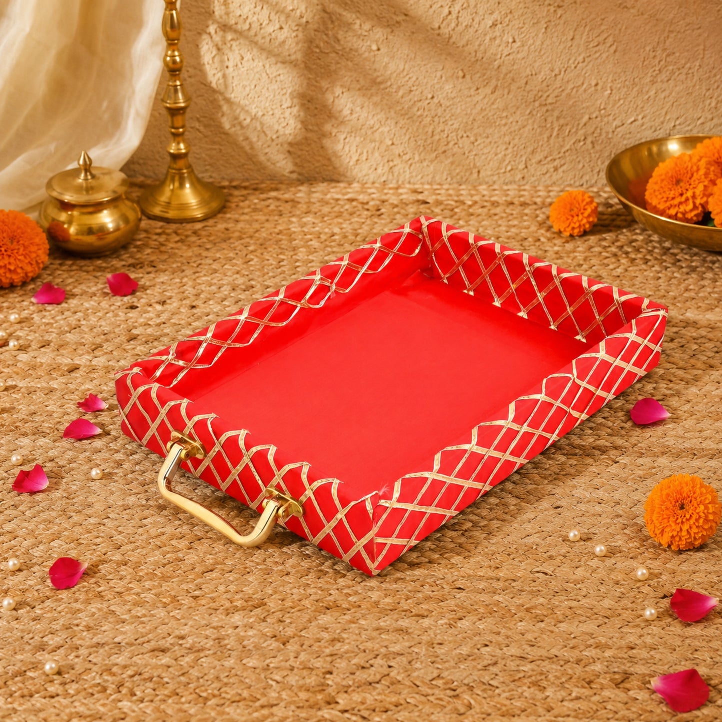 Traditional Red Wooden Square Lace Hamper Tray