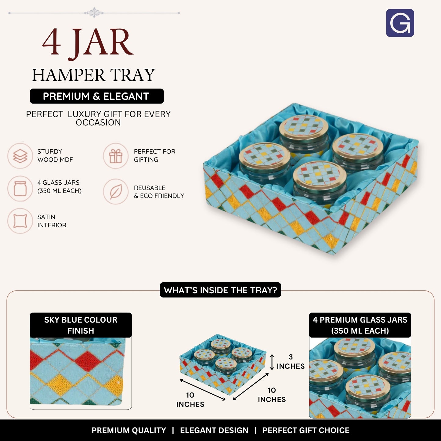 Sky Blue 4 Jar Open Basket Tray ( 10x10x3 inches)