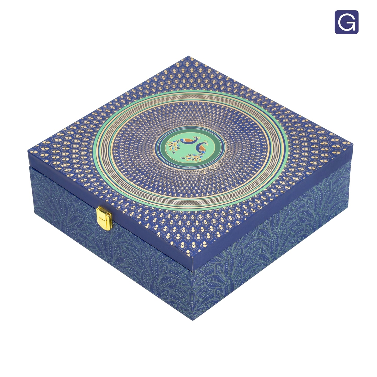 Blue Peacock Print Wooden Hamper Box with 4 Glass Jars | Premium Gift Packaging