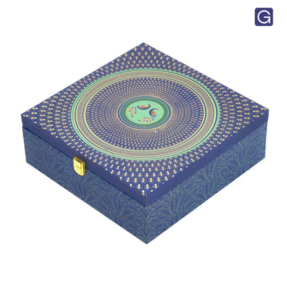 Blue Peacock Print Wooden Hamper Box with 4 Glass Jars | Premium Gift Packaging