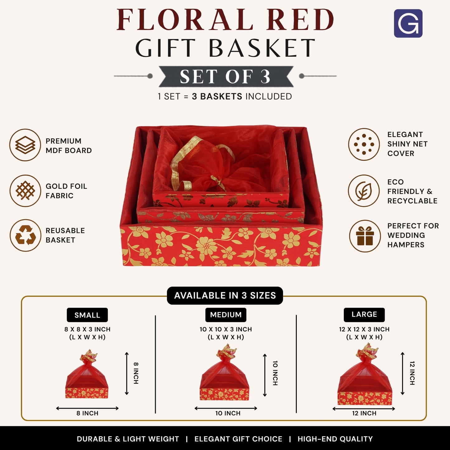 Floral Red Gift Hamper Basket Set of 3 | Decorative MDF Basket for Wedding & Festive Gifting