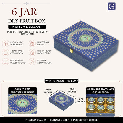 Blue Peacock Wooden Gift Hamper Box with 6 Jars | Dry Fruit Packaging Box