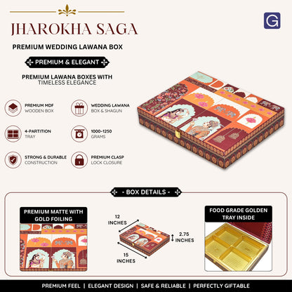 Jharokha Saga Theme Wooden Bhaji Box  | Premium Shagun & Wedding Gift Box