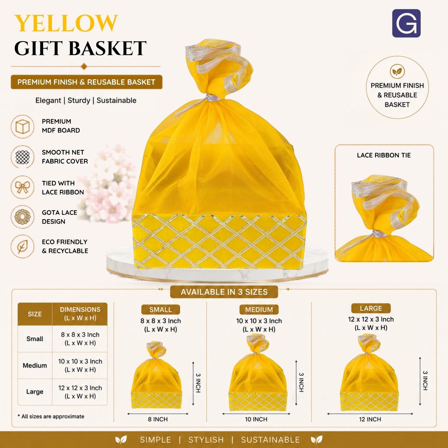 Square Lace Yellow Gift Basket  | Festive & Return Gift Packaging