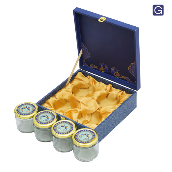 Blue Peacock Print Wooden Hamper Box with 4 Glass Jars | Premium Gift Packaging