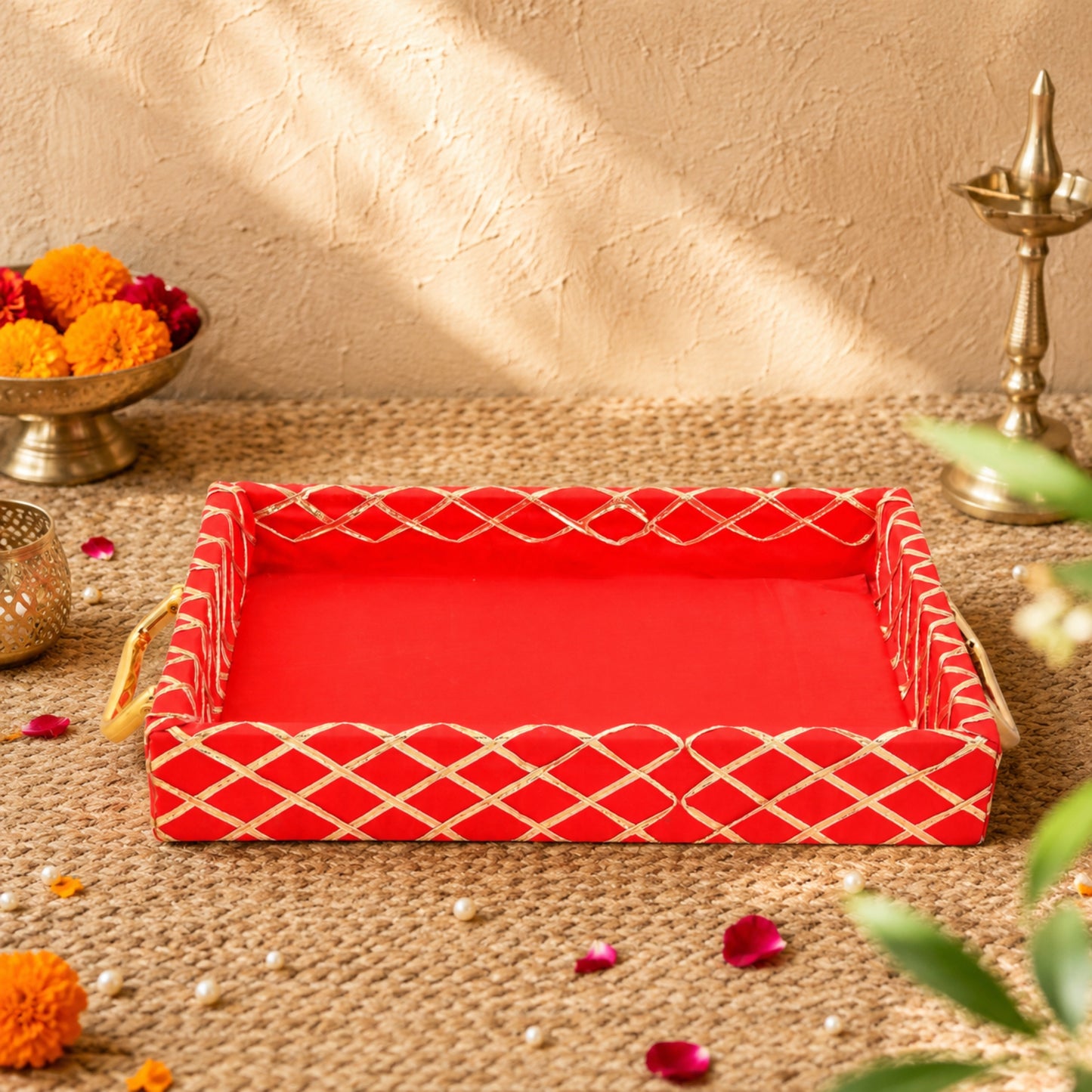 Traditional Red Wooden Square Lace Hamper Tray