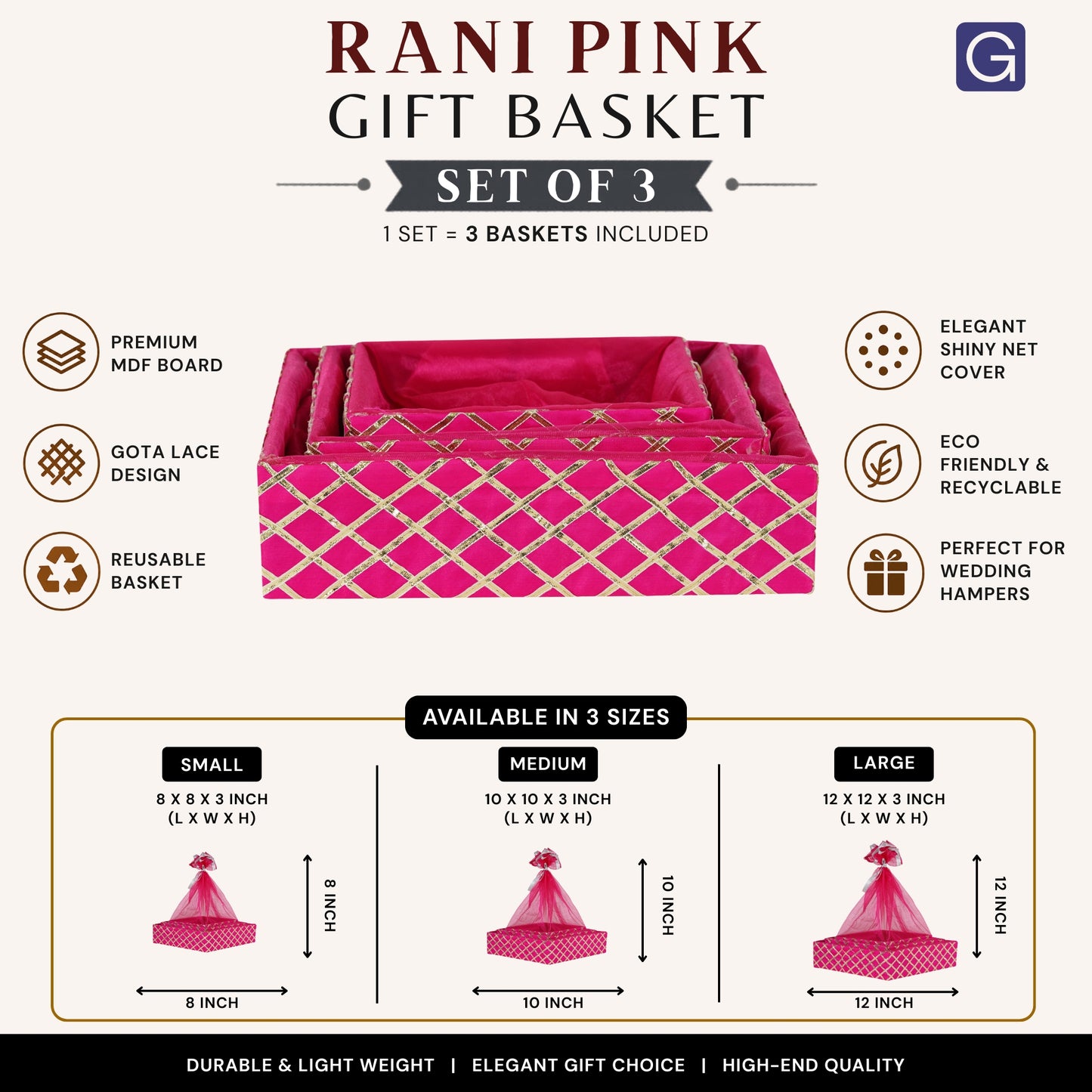 Square Lace Rani Pink Gift Basket Set of 3 | Wedding & Return Gift Packaging